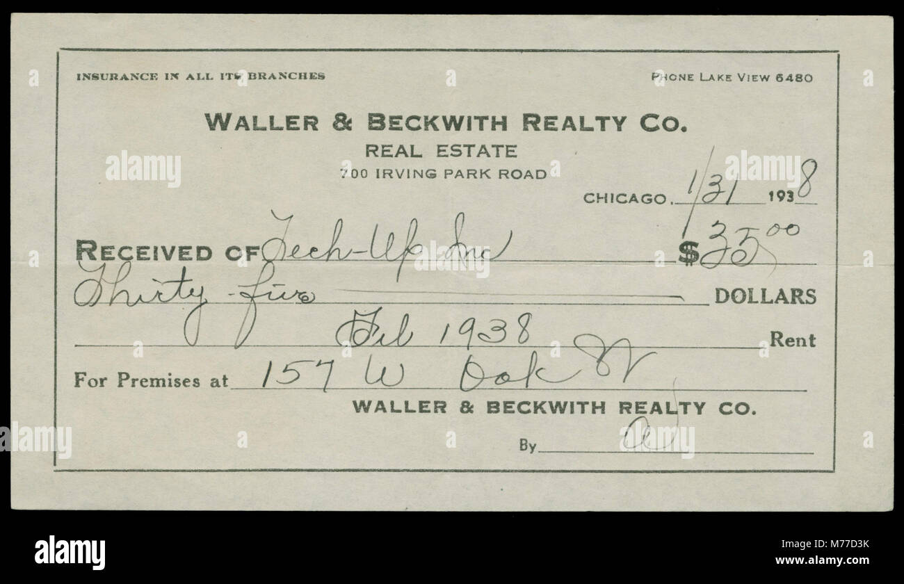Waller & Beckwith Realty Co. el recibo del pago, 1938 (NDE 1015