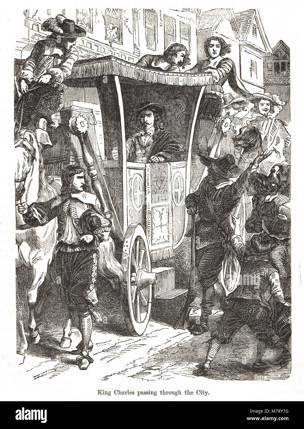 El rey Carlos I, encontrando a los manifestantes en las calles de Londres, después de su entrada armados en la cámara de los Comunes, el 4 de enero de 1642, el catalizador para la guerra civil inglesa Foto de stock