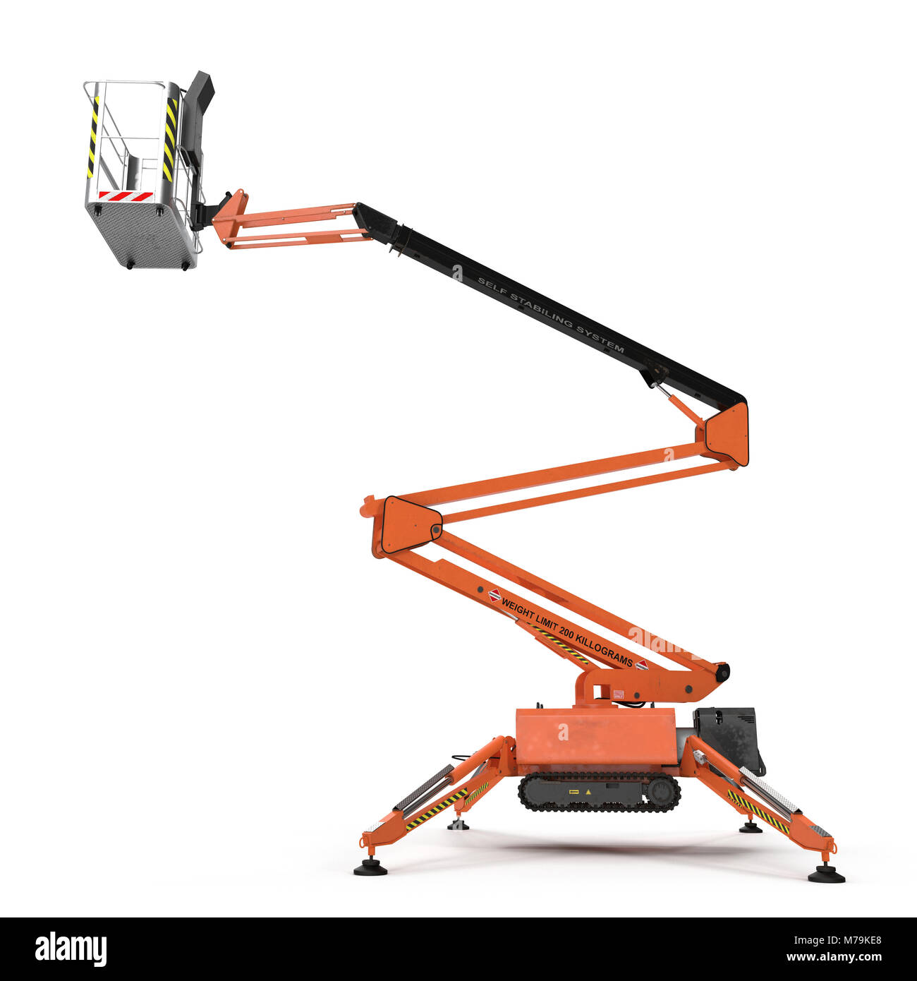 Plataforma de trabajo antena móvil - Orange hidráulico elevador de tijera  autopropulsada sobre un fondo blanco. Vista lateral. Ilustración 3D  Fotografía de stock - Alamy