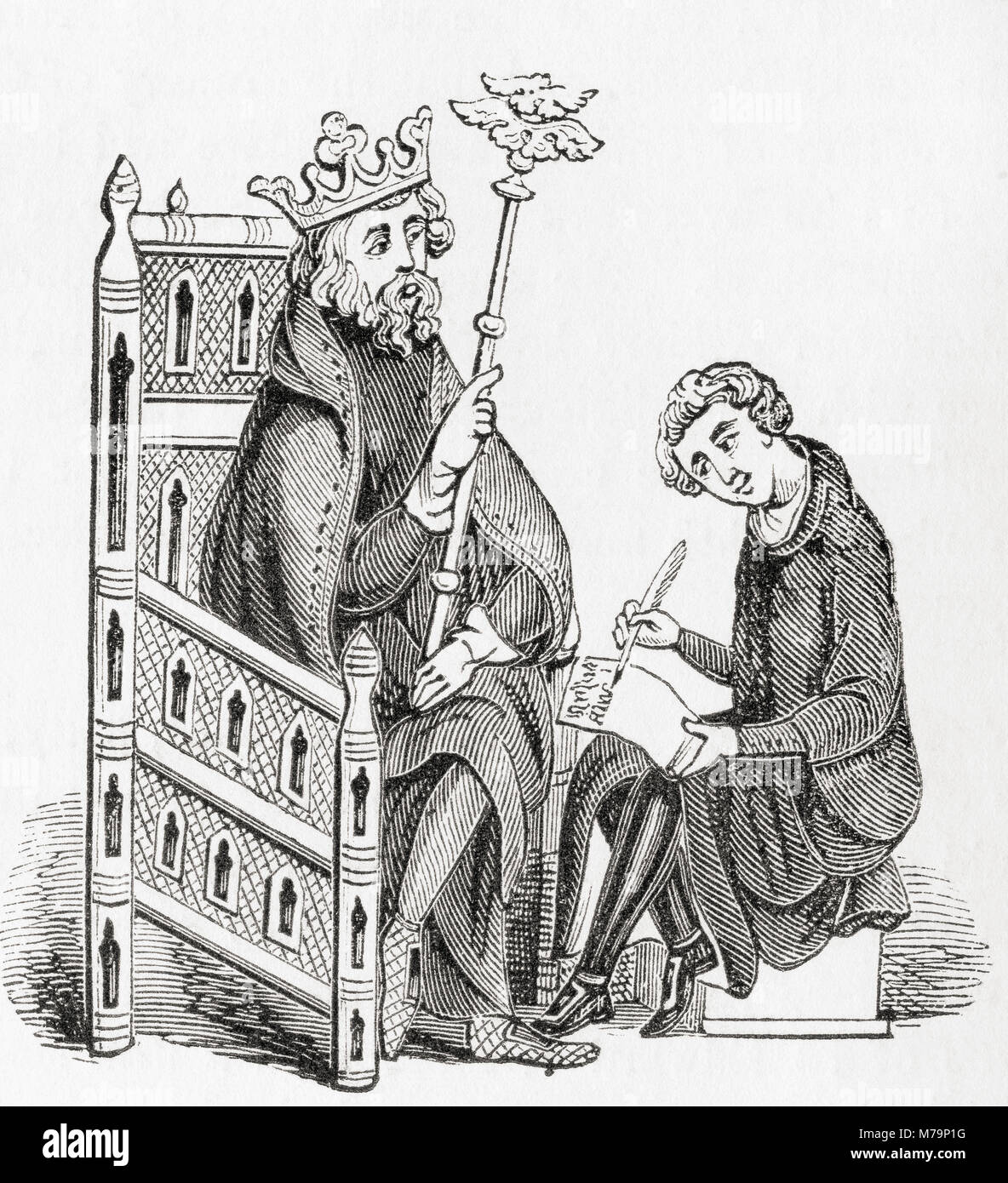 Un rey con su escribano en la Edad Media. Desde Inglaterra vieja: un museo pictórico, publicado 1847. Foto de stock