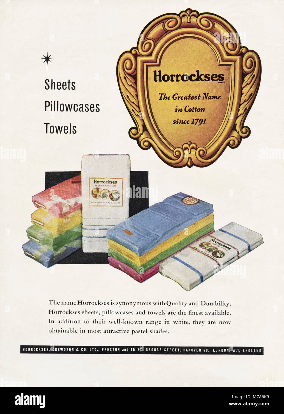1950 original antiguo vintage publicidad publicidad sábanas de algodón,  fundas de almohadas y toallas por Horrockses en revista circa 1950  Fotografía de stock - Alamy