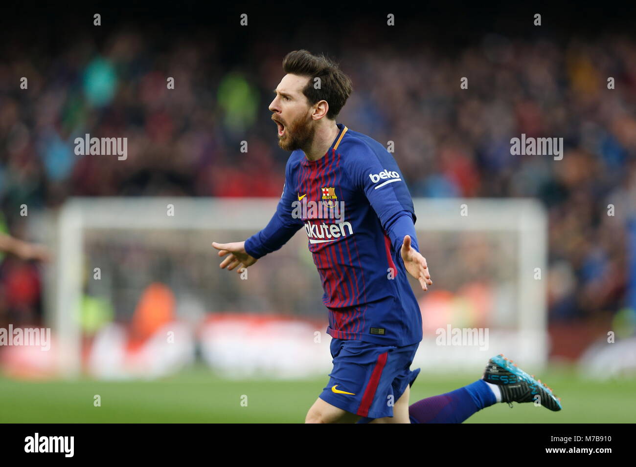 Barcelona, España. 4 Mar, 2018. Lionel Messi (Barcelona) fútbol/Soccer :  Messi celebrar después de sus 600 goles en su carrera profesional en  español 'La Liga Santander' partido FC Barcelona 1-0 Club Atlético
