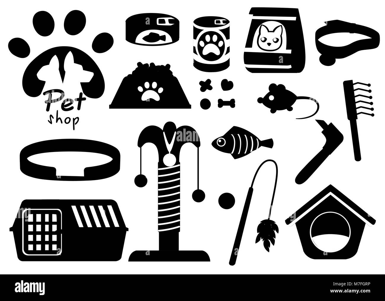 Conjunto de pet shop iconos negros. Accesorios para gatos. Flat ilustración  vectorial. Alimentación, juguetes, bowl, el collar. Productos en la tienda  de mascotas. Ilustración vectorial Imagen Vector de stock - Alamy