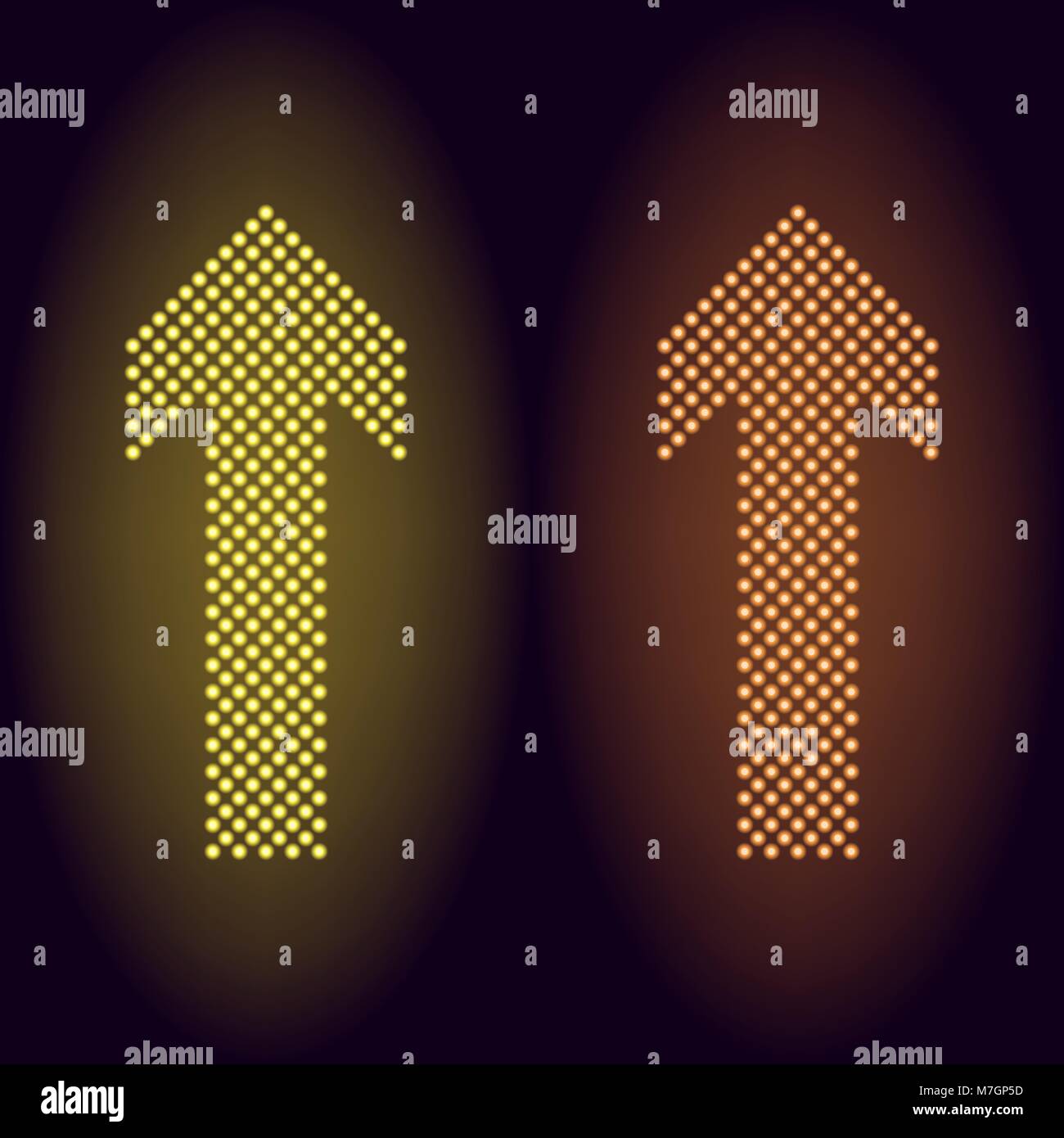 Amarillo y naranja neón dot flecha. Ilustración vectorial de larga flecha de neón que consta de muchos puntos con retroiluminación del fondo oscuro Ilustración del Vector