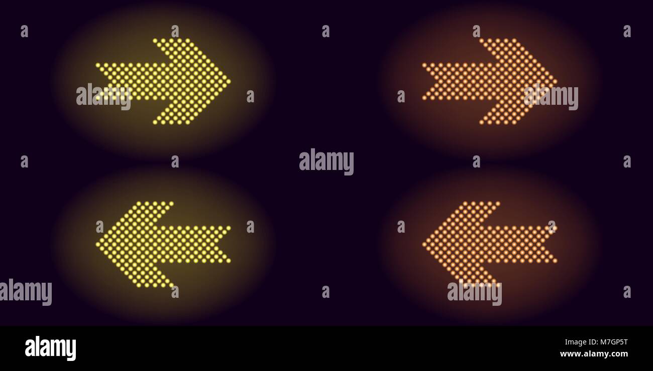 Amarillo y naranja neón dot flecha. Ilustración vectorial de corta flecha de neón que consta de muchos puntos con retroiluminación del fondo oscuro Ilustración del Vector