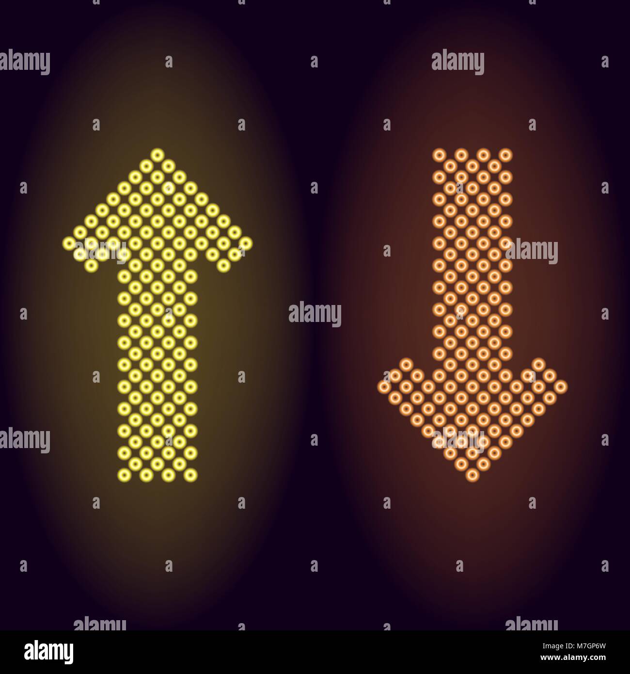 Flecha de neón amarillo y naranja con anillos. Ilustración vectorial de larga flecha de neón que consta de muchos anillos con retroiluminación del fondo oscuro Ilustración del Vector