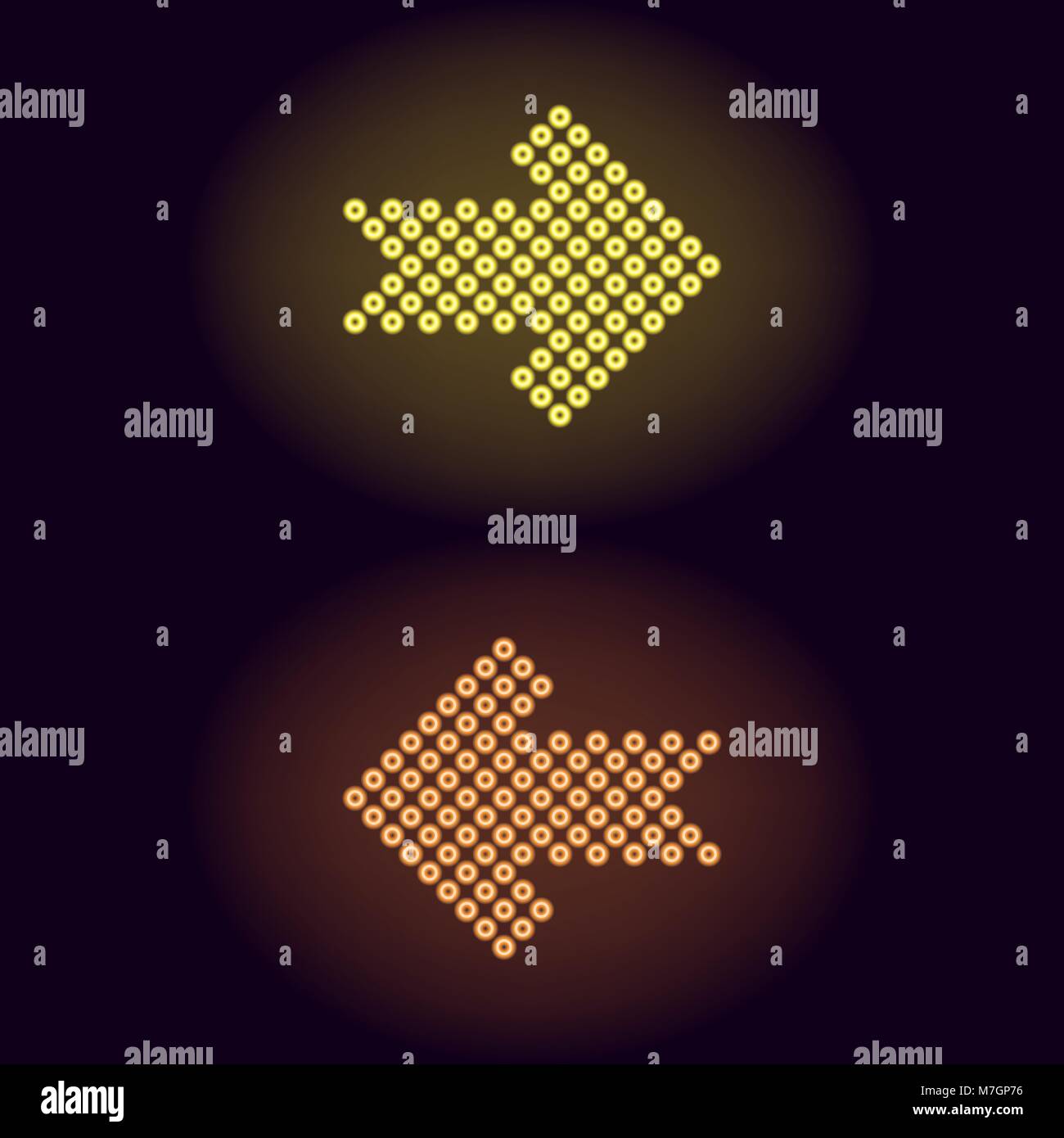 Flecha de neón amarillo y naranja con anillos. Ilustración vectorial de flecha de neón corta compuesta de muchos anillos con retroiluminación del fondo oscuro Ilustración del Vector