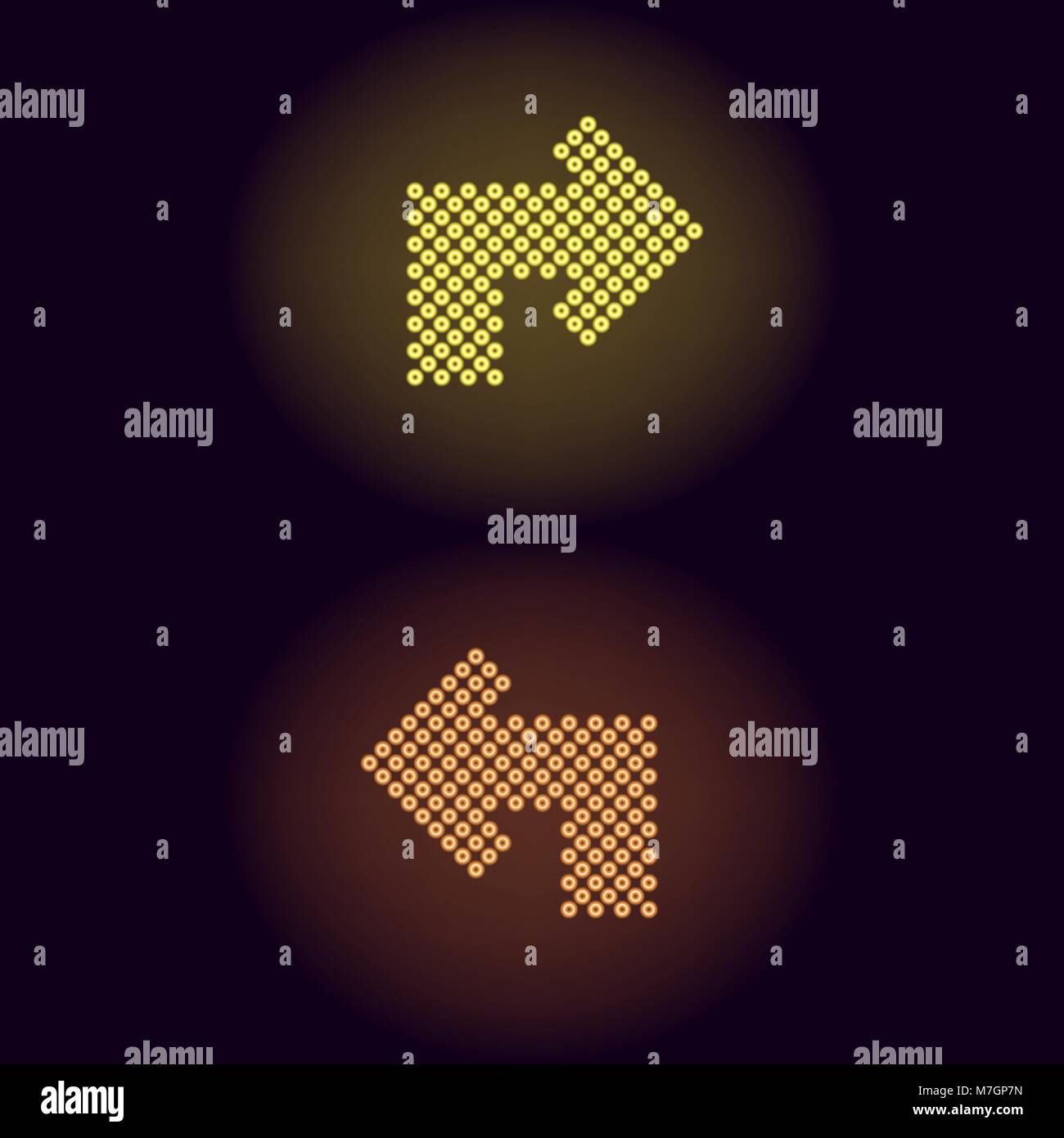 Flecha de neón amarillo y naranja con anillos. Ilustración vectorial de girar la flecha de neón que consta de muchos anillos con retroiluminación del fondo oscuro Ilustración del Vector