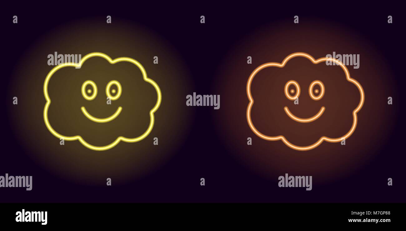 Nube de neón amarillo y naranja con una sonrisa. Ilustración vectorial de neón nube compuesta de contorno, con retroiluminación en el fondo oscuro Ilustración del Vector