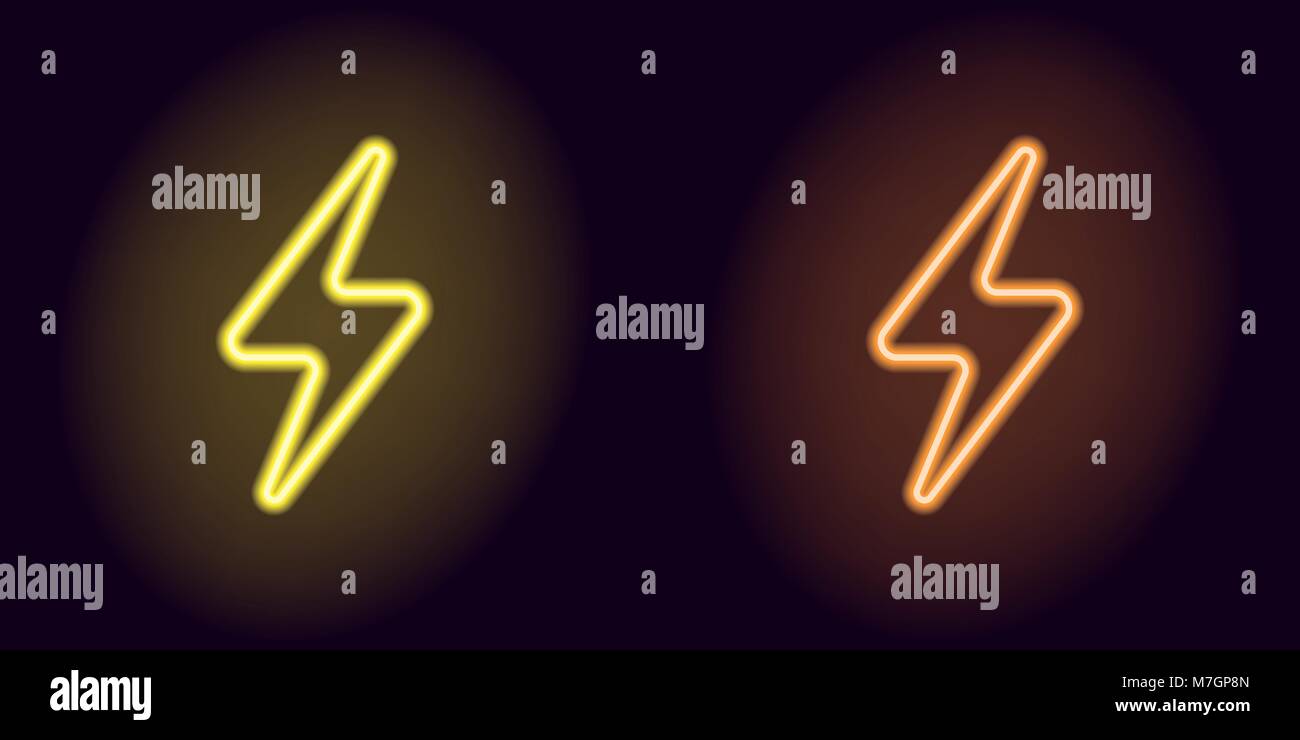 Amarillo y naranja neón signo eléctrico. Ilustración vectorial de neón símbolo de carga compuesta de contorno, con retroiluminación en el fondo oscuro Ilustración del Vector