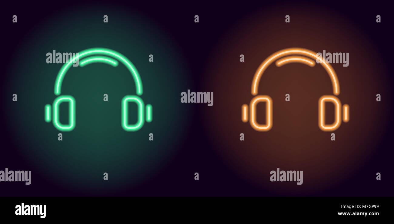 Auriculares de neón verde y naranja. Ilustración vectorial de neón auriculares de música compuesta de contornos, con retroiluminación en el fondo oscuro Ilustración del Vector