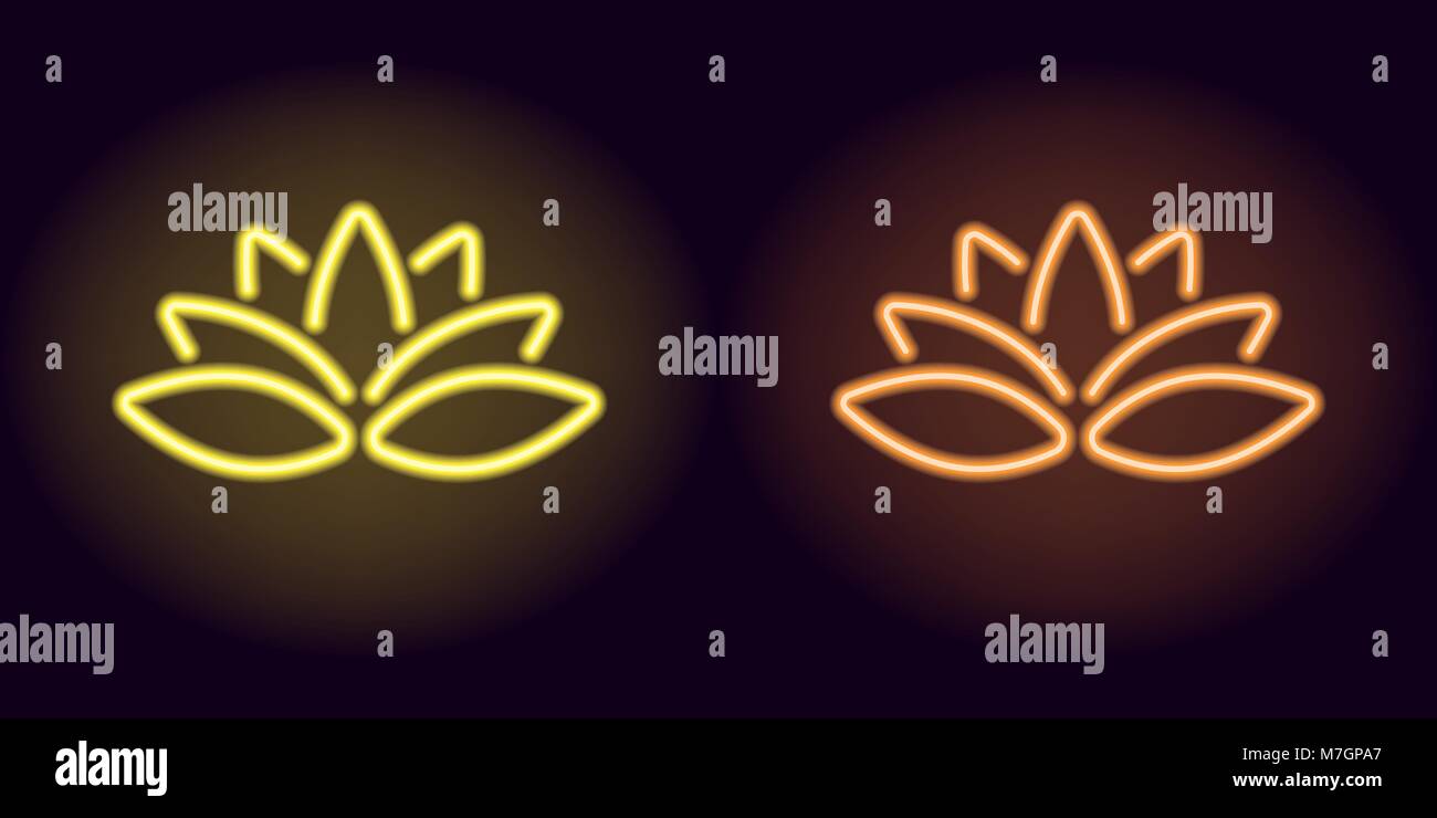 Amarillo y naranja neón lotus. Ilustración vectorial de neon Lotus Blossom compuesto de contornos, con retroiluminación en el fondo oscuro Ilustración del Vector