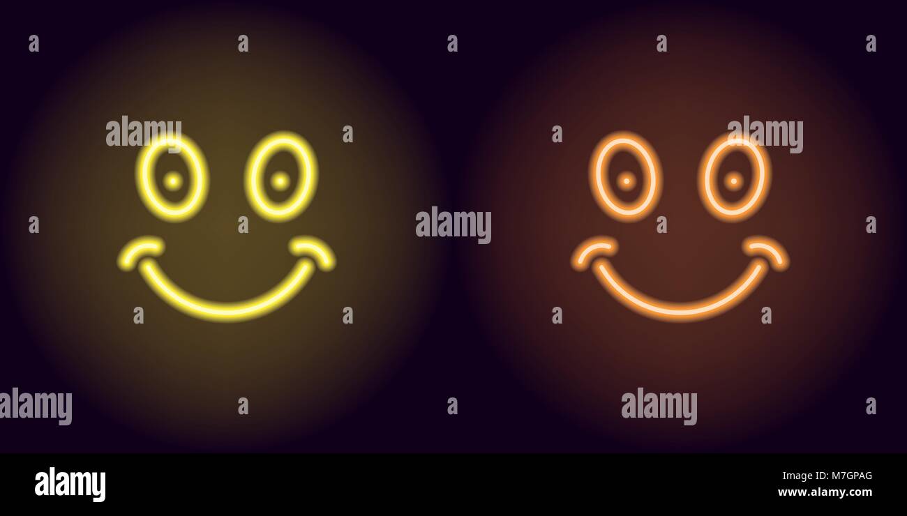 Amarillo y naranja neón sonrisa. Ilustración vectorial de funny neon emoji compuesto de contornos, con retroiluminación en el fondo oscuro Ilustración del Vector