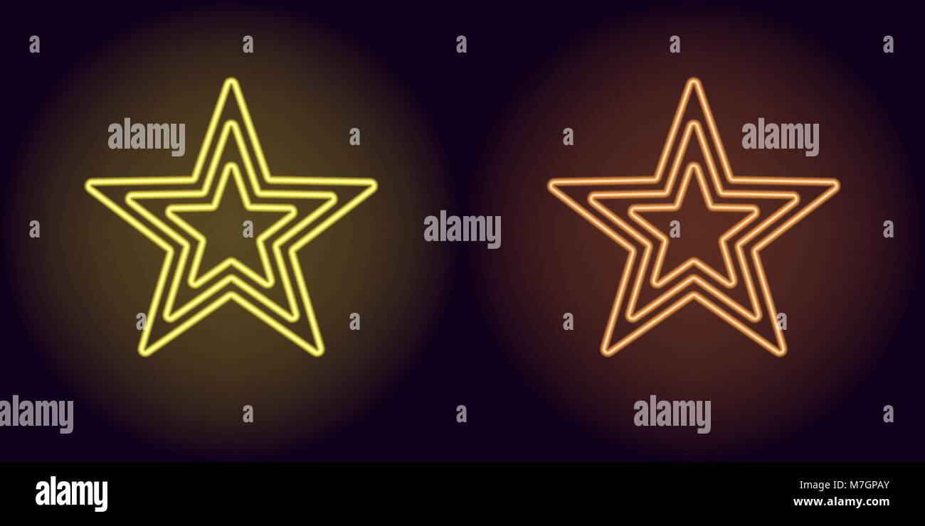 Neon Yellow y orange star. Ilustración vectorial de neón que consta de tres estrellas esboza, con retroiluminación en el fondo oscuro Ilustración del Vector