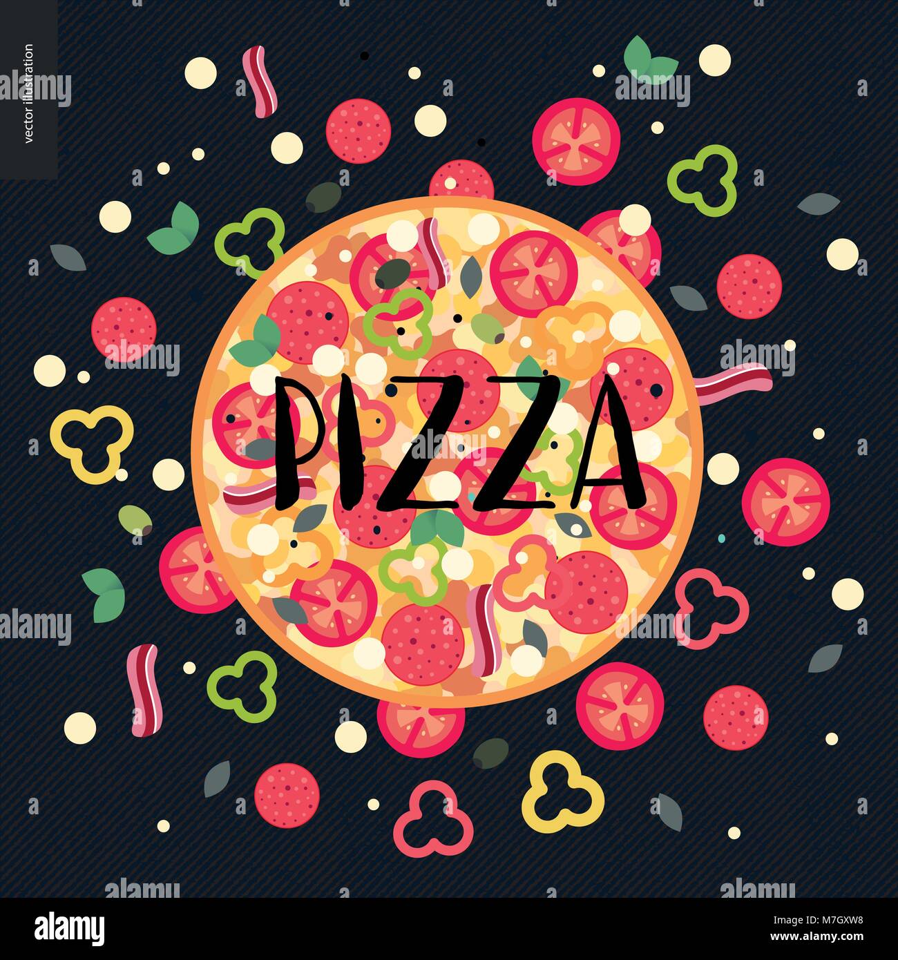 Restaurante de cocina italiana, la pizza con ingredientes alrededor Ilustración del Vector