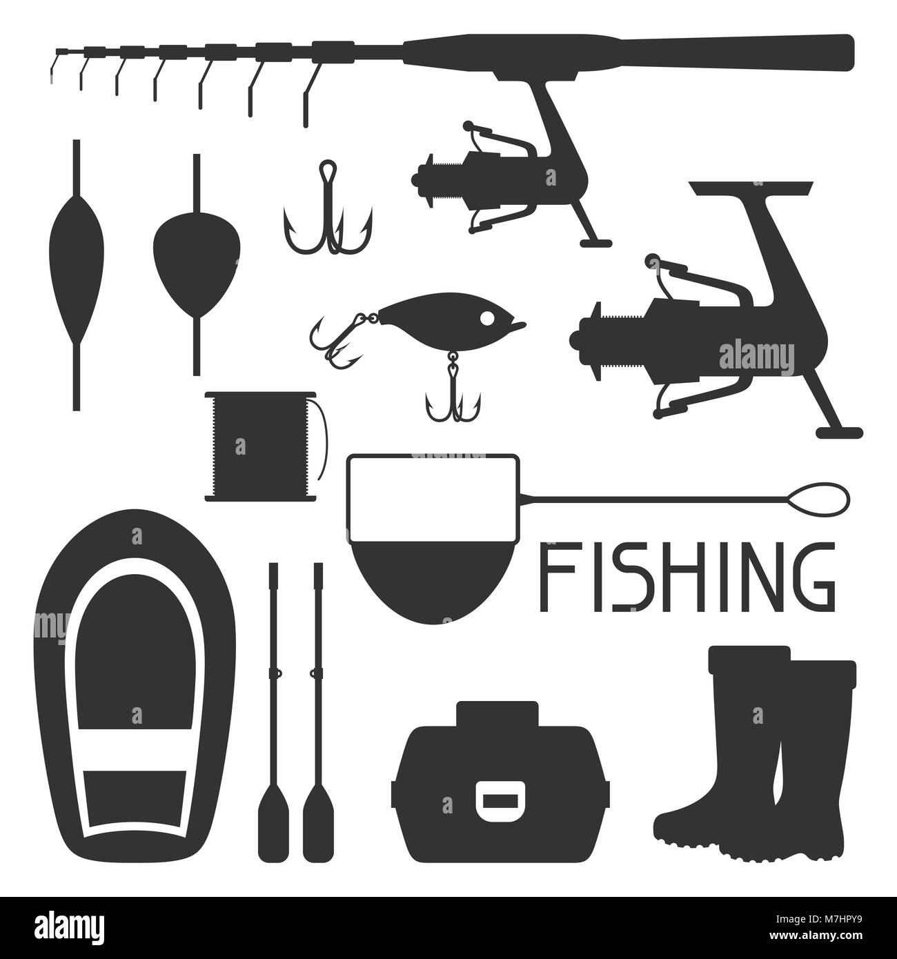 Conjunto de suministros de pesca. Objetos de decoración, diseño de folletos publicitarios, carteles, flayers Ilustración del Vector