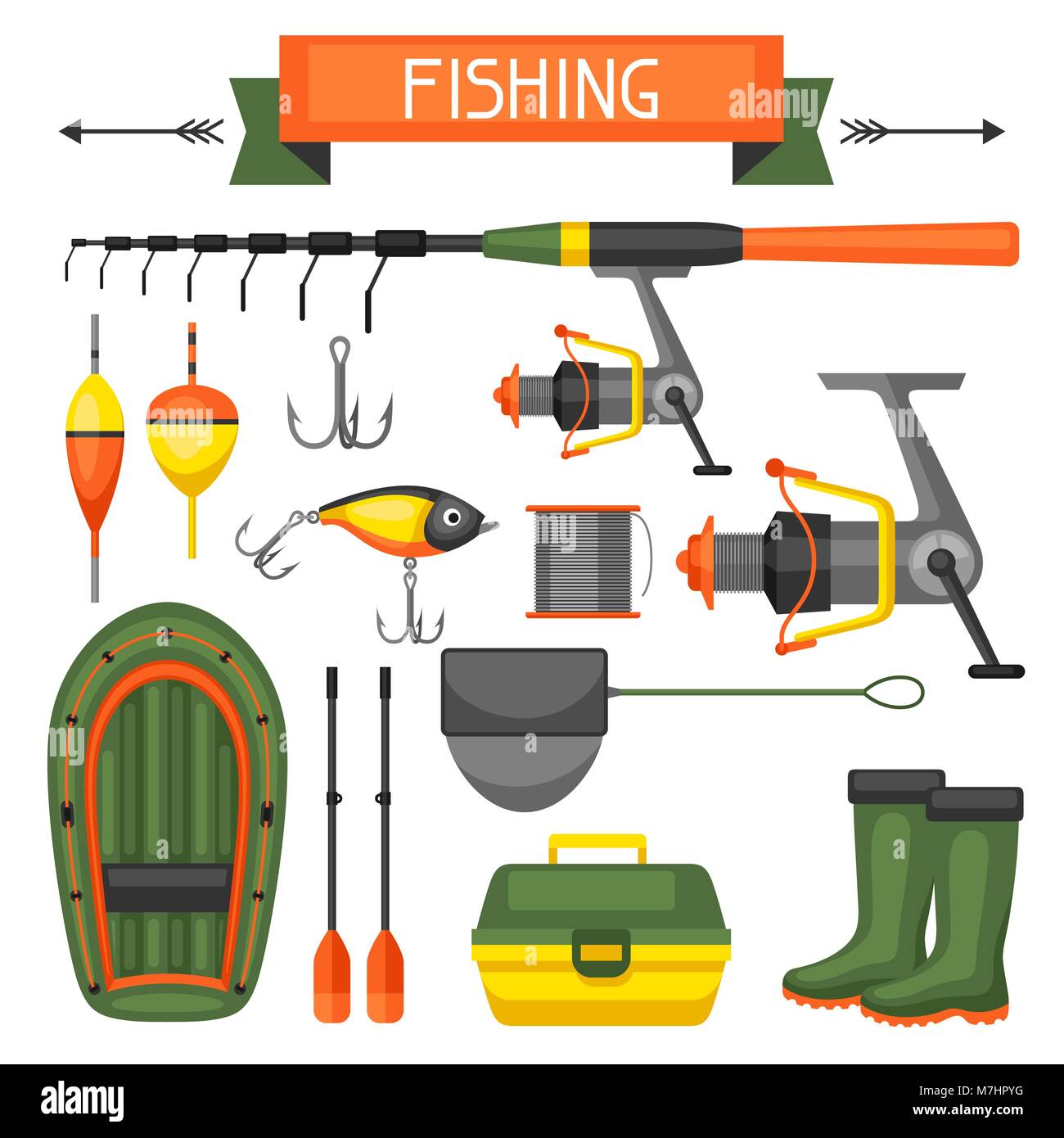 Conjunto de suministros de pesca. Objetos de decoración, diseño de folletos publicitarios, carteles, flayers Ilustración del Vector