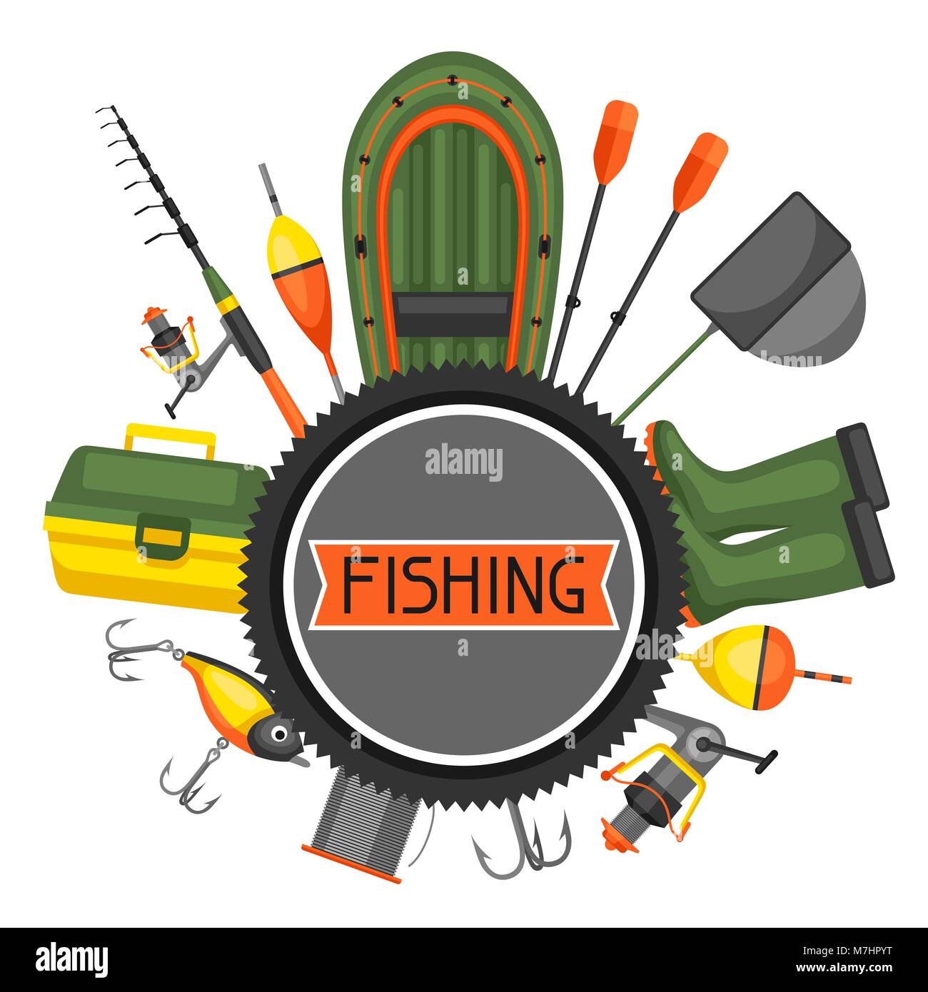 Fondo con suministros de pesca. Diseño de flayers, cubiertas, catálogos y folletos de publicidad Ilustración del Vector