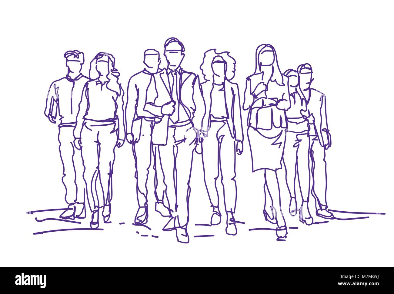 Equipo de empresarios Sketch avanzando sobre fondo blanco, el grupo de gente de negocios dibujados a mano Ilustración del Vector