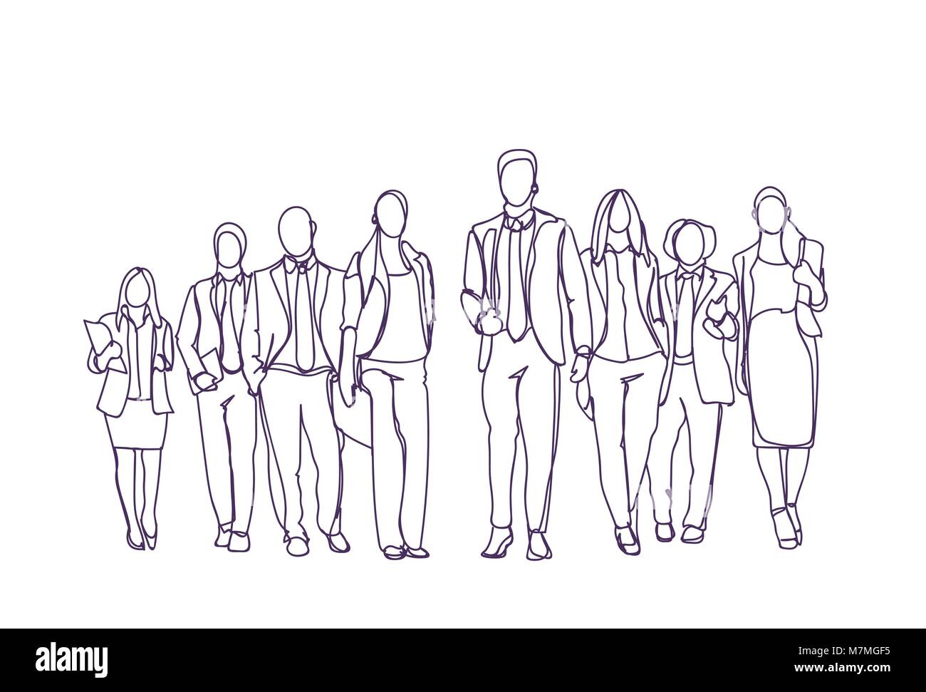 Grupo de Empresarios dibujadas a mano avanzando sobre fondo blanco, el equipo del sketch de gente de negocios Ilustración del Vector