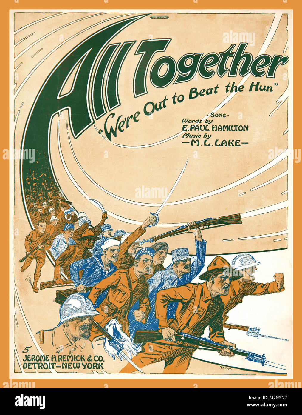 Vintage WW1 anti Hoja de música alemana "Todos juntos estamos a batir el Hun' una canción partituras de 1918 sugiriendo el aumento del sentimiento anti-alemán en los Estados Unidos como de la I Guerra Mundial avanzado. Foto de stock