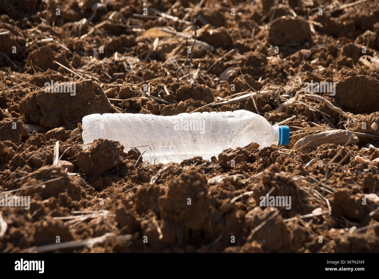 Botella de agua de plástico desechados en el campo Foto de stock