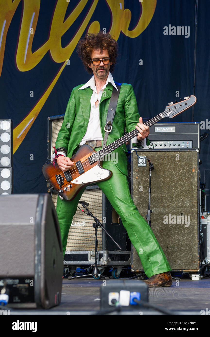 Frankie Poulain, bajista de la oscuridad, en el escenario de Godiva Live Music Festival, Coventry, Reino Unido en julio de 2017. Foto de stock