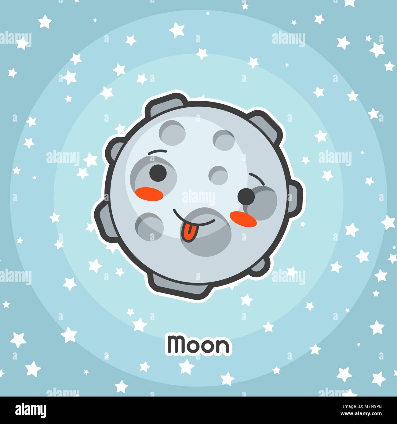 Kawaii tarjeta de espacio. Doodle con bonita expresión facial. Ilustración de cartoon luna en cielo estrellado. Ilustración del Vector