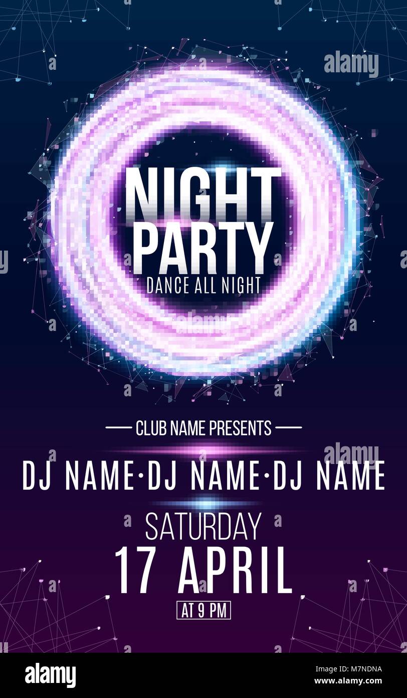 Flyer Para Fiesta De Baile De Noche Banner Redondo De Neon Luminoso Remolinos De Lineas Y Triangulos Pequenos Nombre Del Club Y Dj Night Party Flyer Plexus Backgrou Imagen Vector De Stock