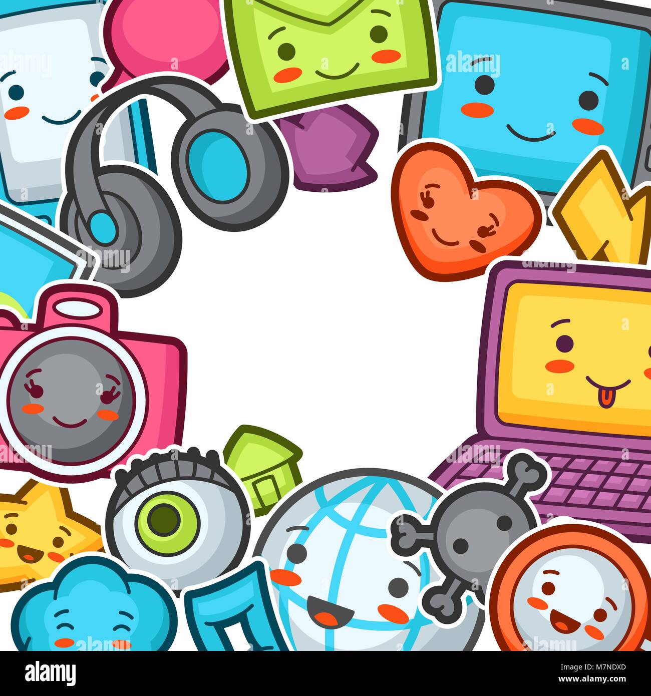 Kawaii gadgets red social de fondo. Garabatos con bonita expresión facial.  Ilustración de teléfono, tablet, GLOBE, cámaras, portátiles, auriculares y  otros Imagen Vector de stock - Alamy