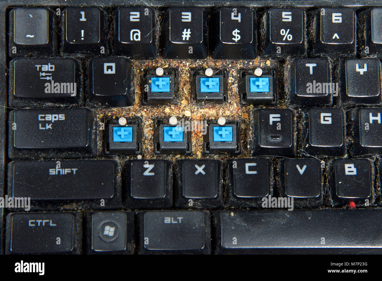 Cerca de filthy teclado de ordenador con unas pocas teclas desmontado,  limpieza de desechos que ha reunido bajo las teclas. teclados puede  obstruirse con alimentos par Fotografía de stock - Alamy