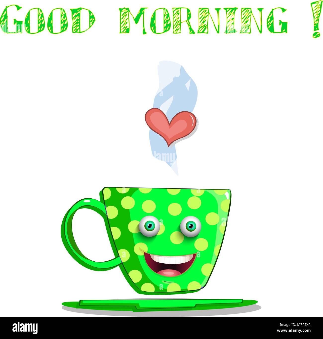 Caricatura sonriente copa hembra verde con lunares amarillos, ojos y ...