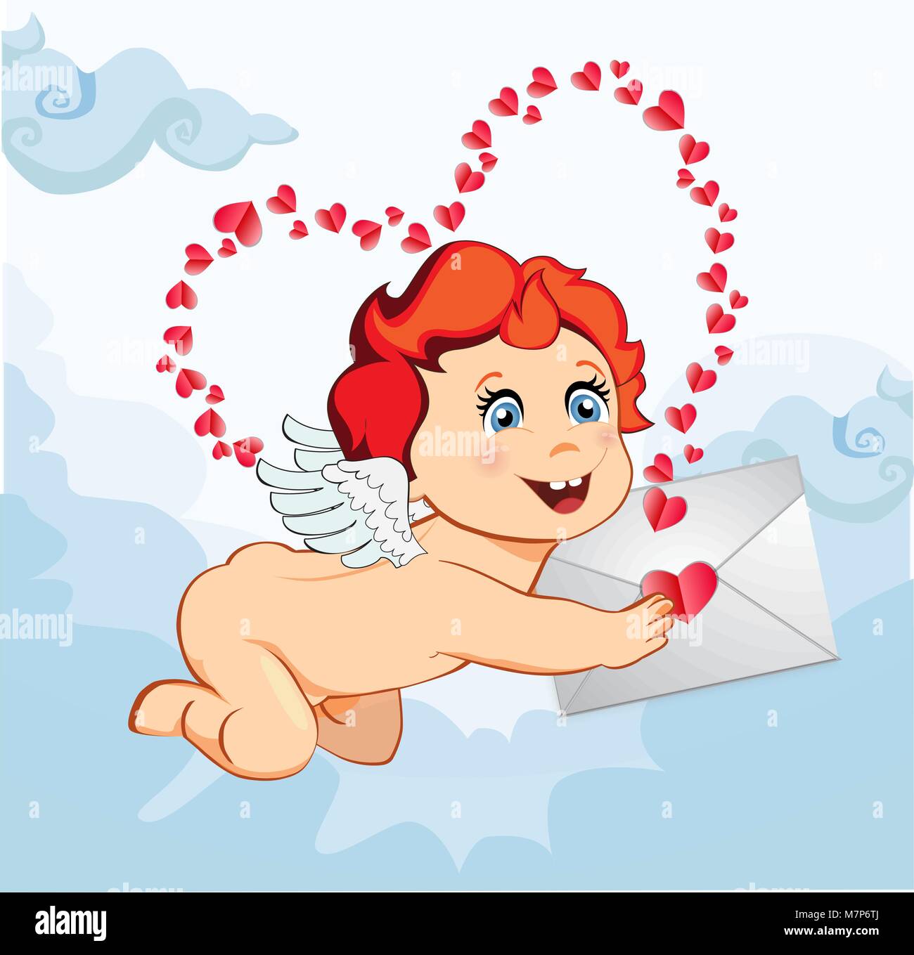 Caricatura De Bebe Cupido O Angel Con Alas Sosteniendo Carta De Amor Sobre Fondo De Cielo Azul Con Muchos Corazones Rojos Alrededor Caracter Para Tarjeta De Felicitacion En Va Imagen Vector De