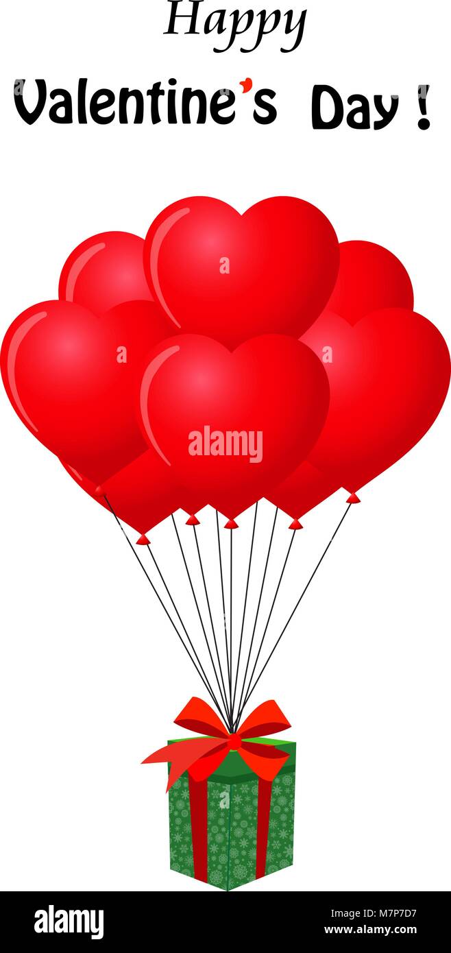 Feliz día de San Valentín plantilla con espacio para el texto. Envoltorio  de regalo con lazo rojo volando en forma de corazón rojo manojo de globos  de helio. Tarjeta de felicitación lindo