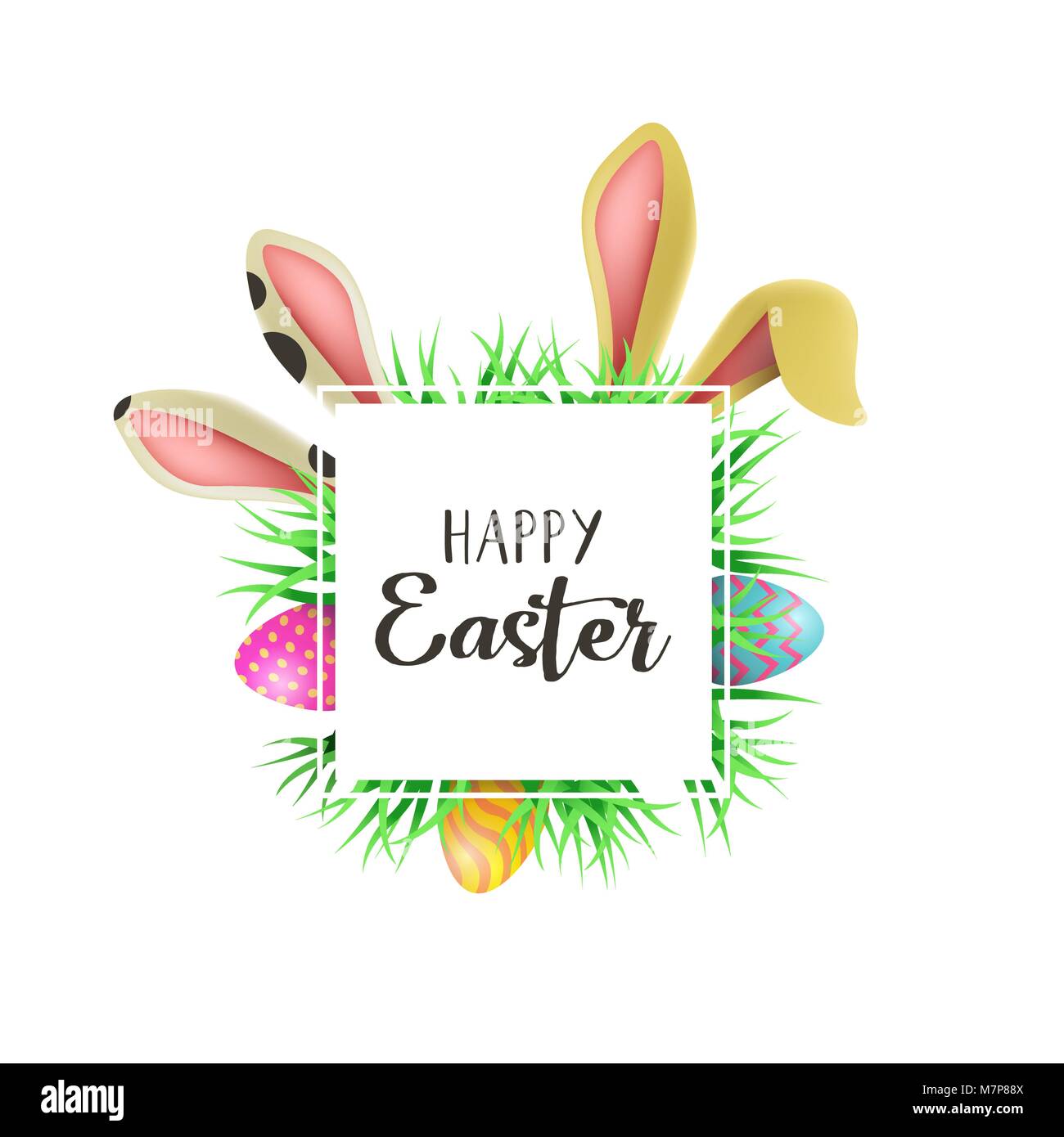 Tarjeta de felicitación de Pascua feliz ilustración con lindo orejas de conejo y pintada huevos escondidos en la hierba. Incluye texto de celebración presupuesto para primavera holida Ilustración del Vector