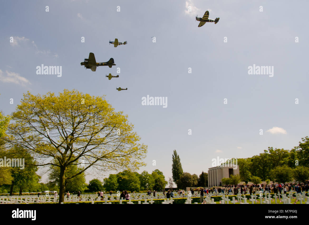 Eagle Squadron luchadores y B-17 Flying Fortress Sally B llevó a cabo un acto conmemorativo flypast sobre Cambridge Cementerio Americano, Madingley , Cambs, REINO UNIDO Foto de stock