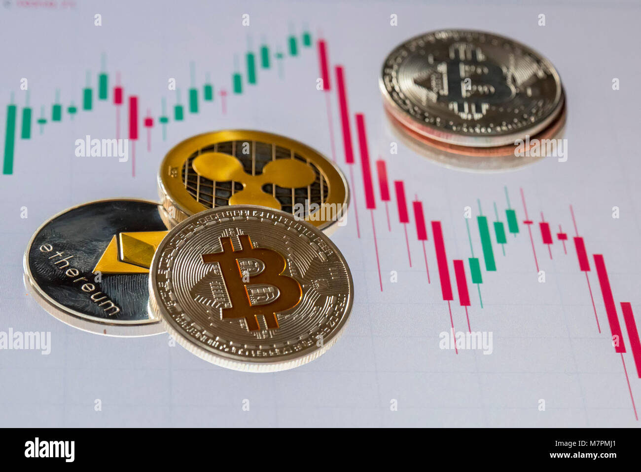 Monedas Cryptocurrency sobre trading velas pantalla gráfica; Bitcoin  Ethereum, rizado y monedas Fotografía de stock - Alamy