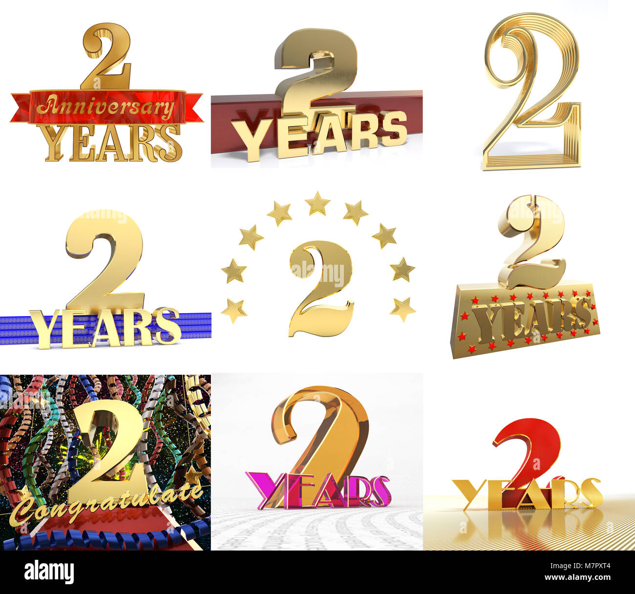 Conjunto de número dos años 2 años de celebración de diseño. Aniversario número de oro elementos de plantilla para su fiesta de cumpleaños. Ilustración 3D Foto de stock