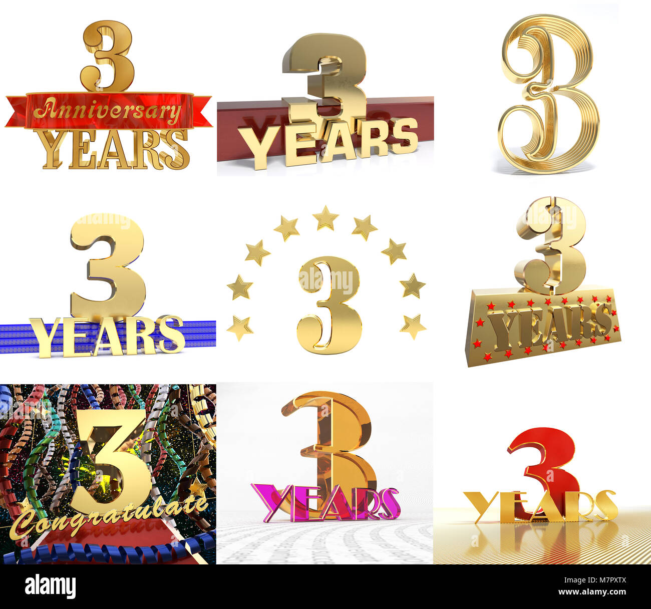 Conjunto de número tres años 3 años de celebración de diseño. Aniversario número de oro elementos de plantilla para su fiesta de cumpleaños. Ilustración 3D Foto de stock