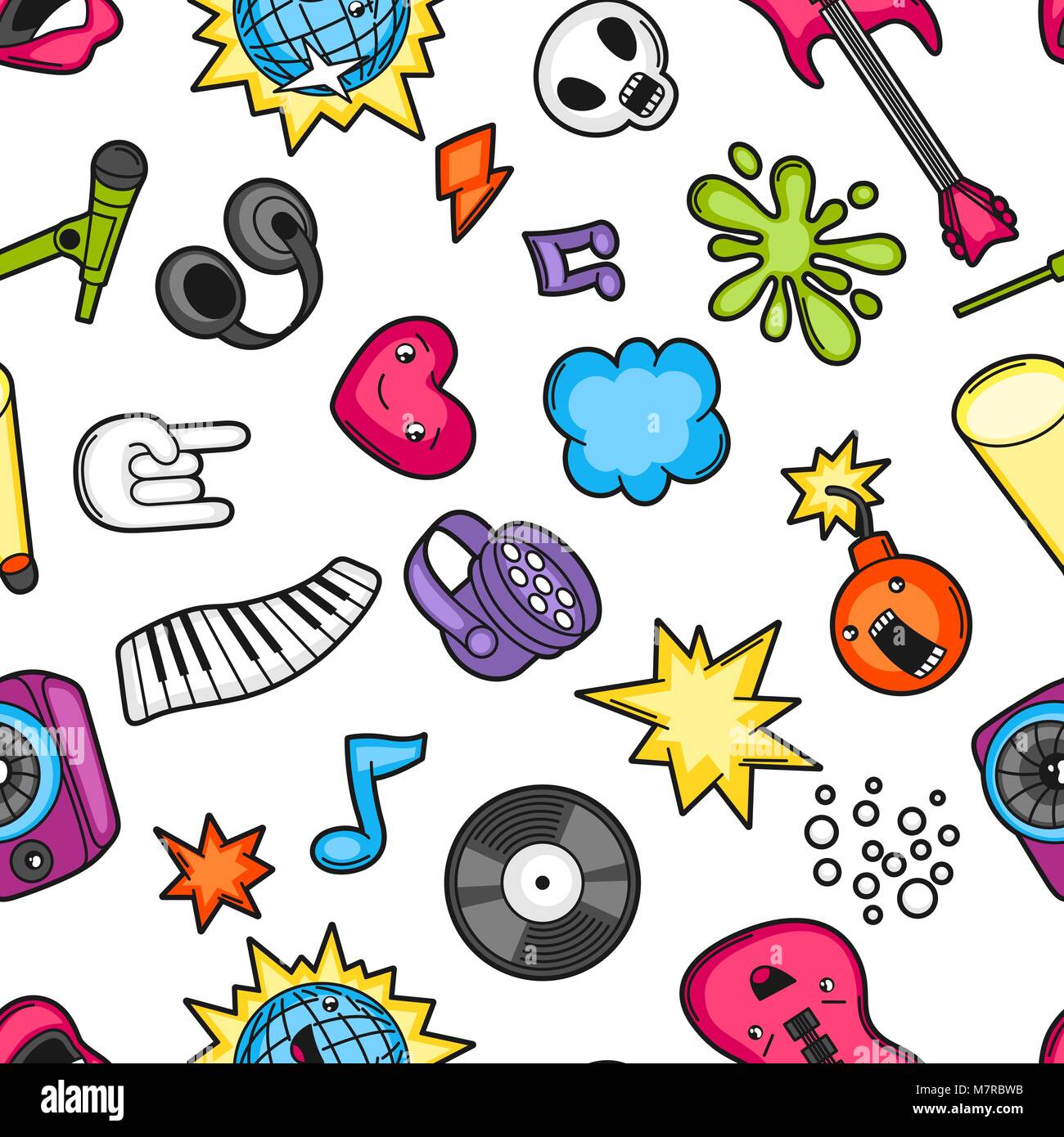 Parte de música kawaii patrón sin fisuras. Instrumentos musicales, símbolos  y objetos de estilo de dibujos animados Imagen Vector de stock - Alamy