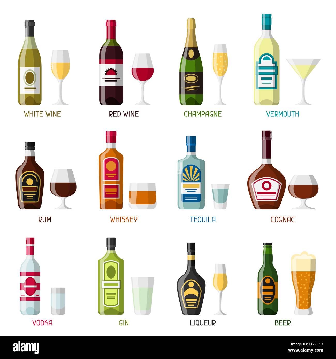 Bebidas alcohólicas conjunto de iconos. Botellas, vasos para restaurantes y  bares Imagen Vector de stock - Alamy