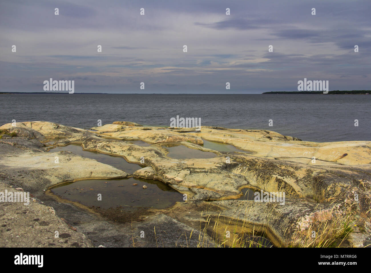 Serie de pozas de marea en rocas amarillas cerca Oregrund, Suecia bajo un cielo nublado gris Foto de stock