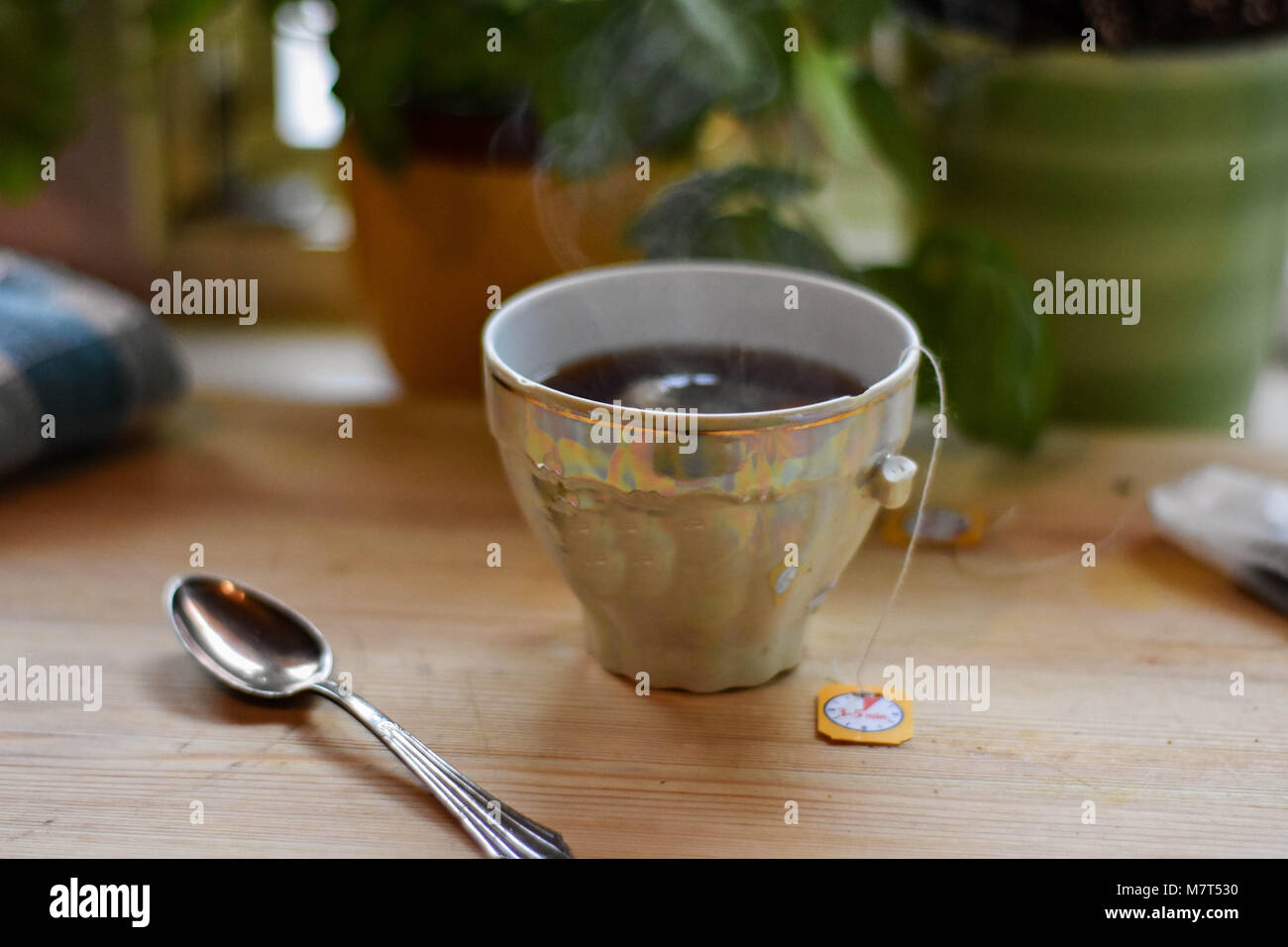 Salud humeante taza de té en la mesa de luz de madera Foto de stock