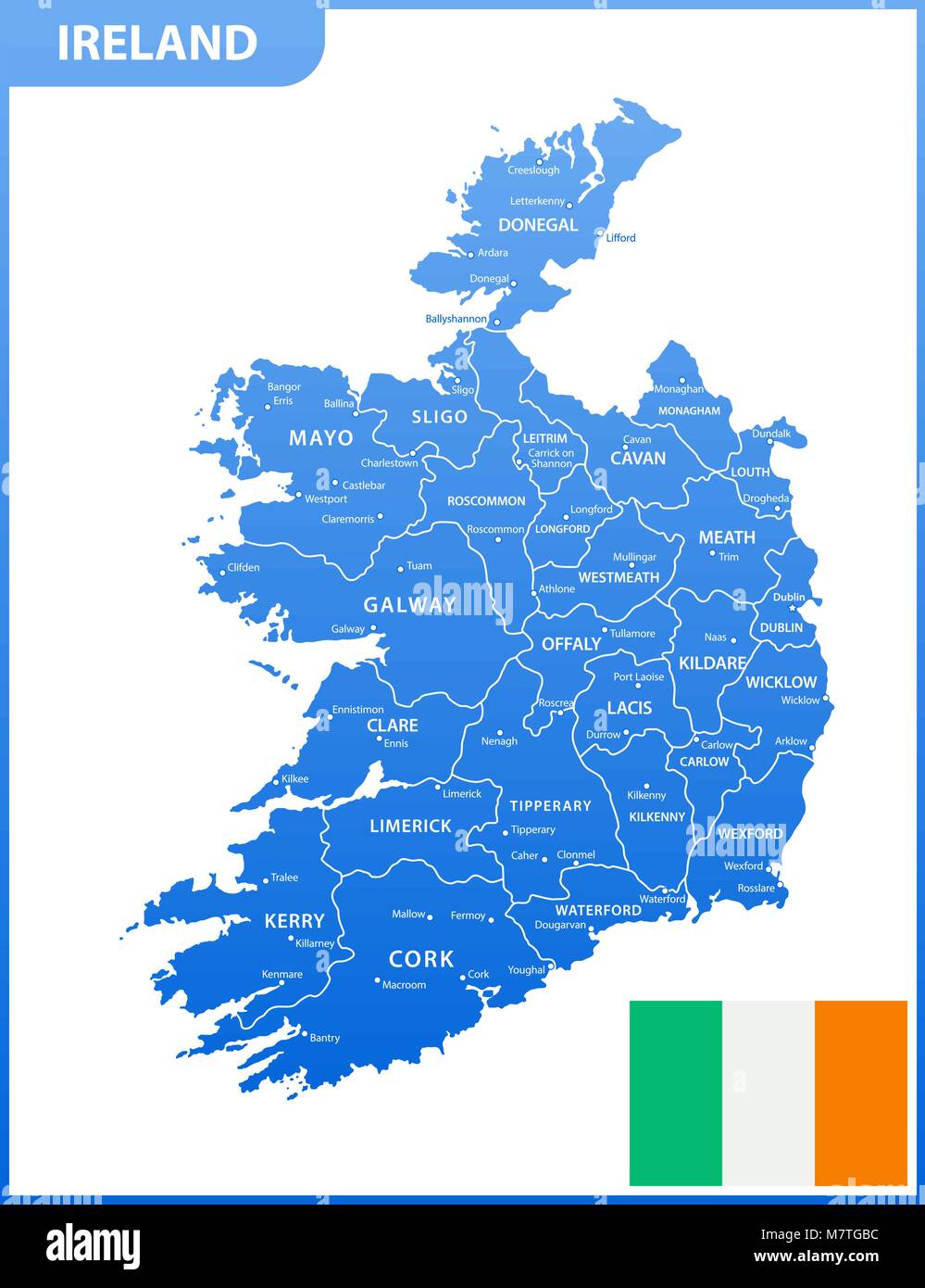 El mapa detallado de la Irlanda con regiones o estados y ciudades