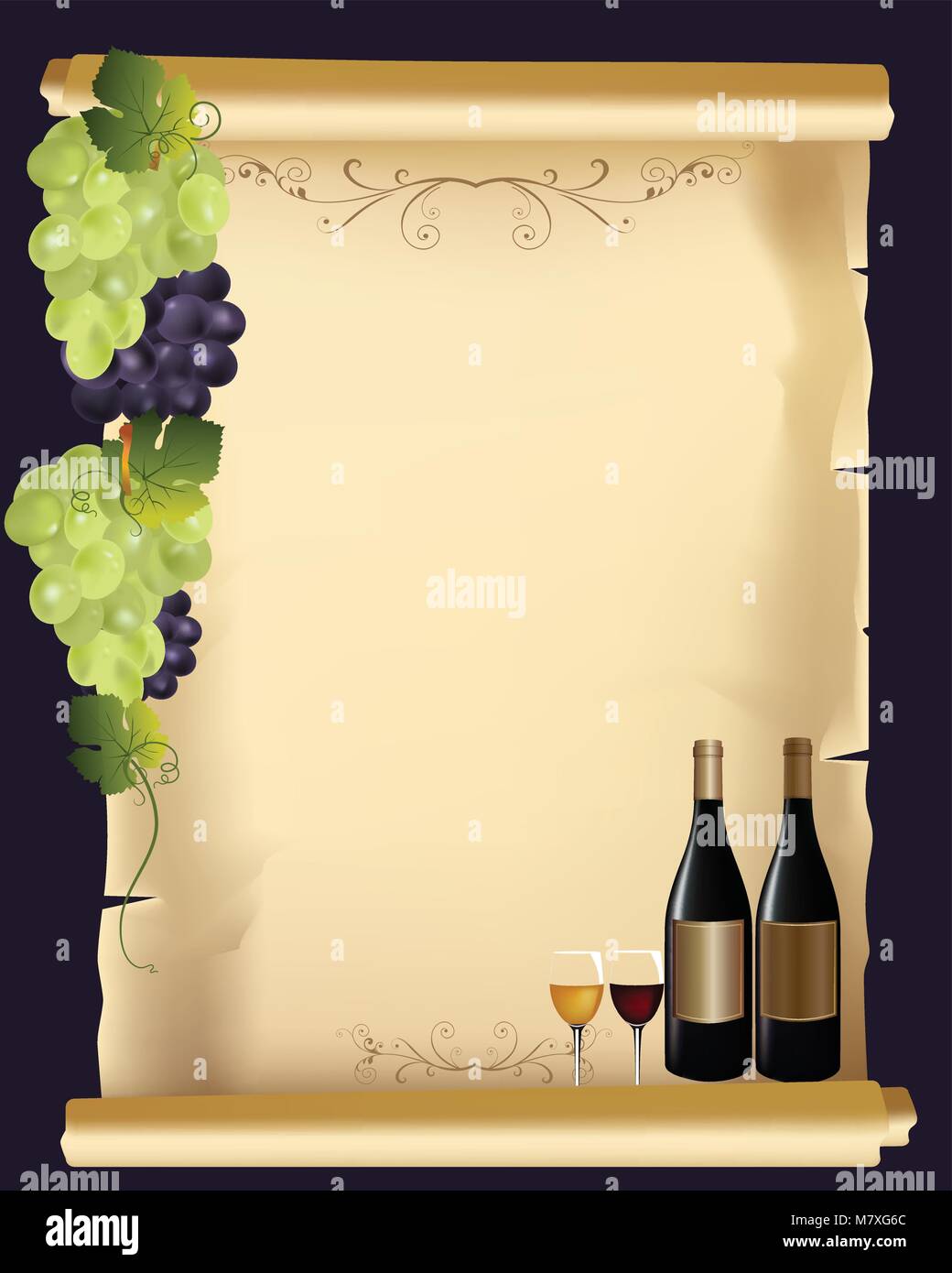 Menú de bebidas elegante tarjeta con vino y botella de vidrio Ilustración del Vector