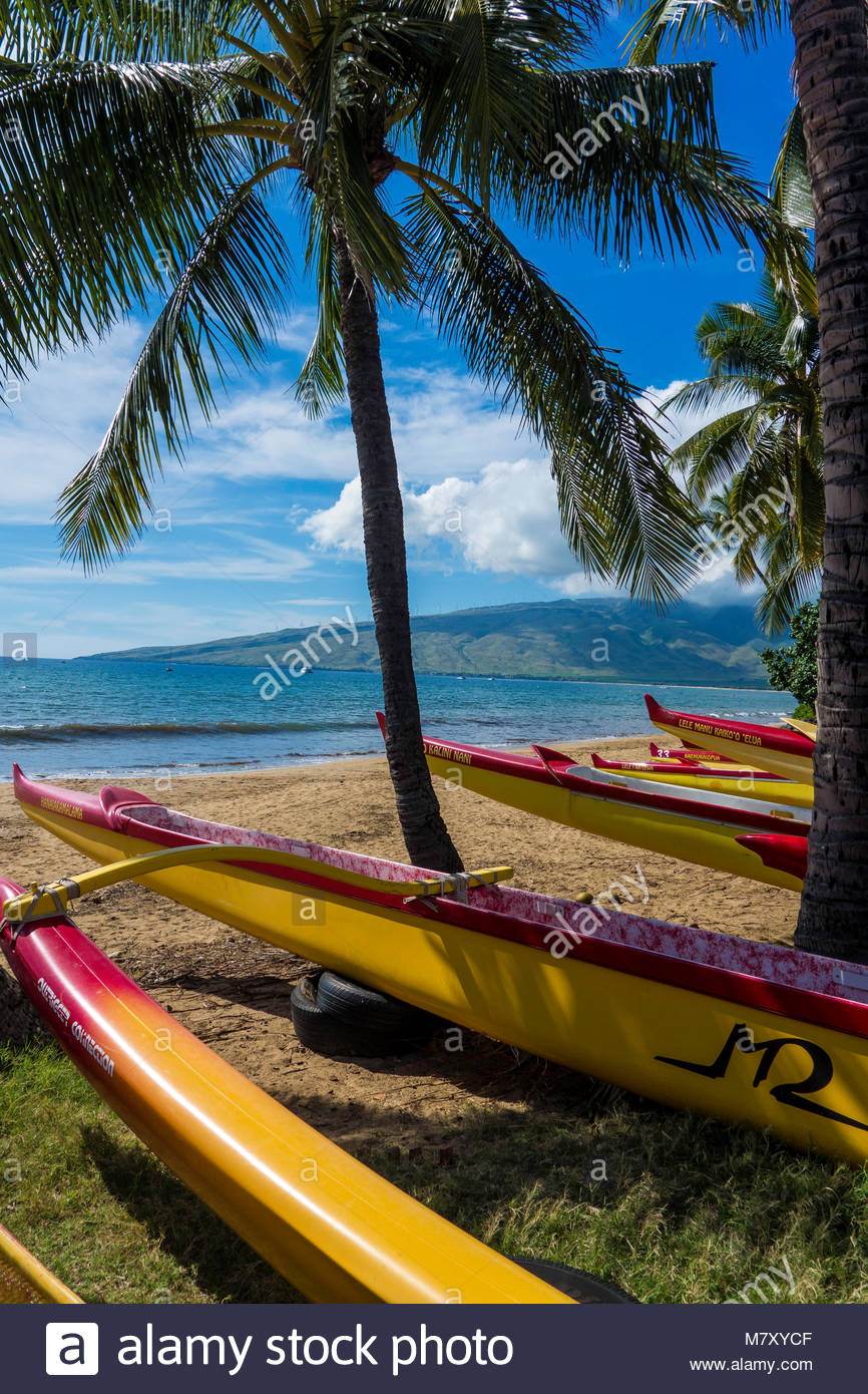 Canoas en Sugar Beach en el Club Kihei canoa en Kihei, en la isla de Maui en el Estado de Hawaii, EE.UU. Foto de stock