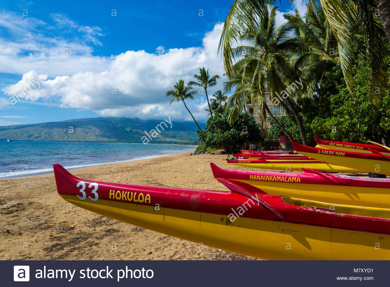 Canoas en Sugar Beach en el Club Kihei canoa en Kihei, en la isla de Maui en el Estado de Hawaii, EE.UU. Foto de stock