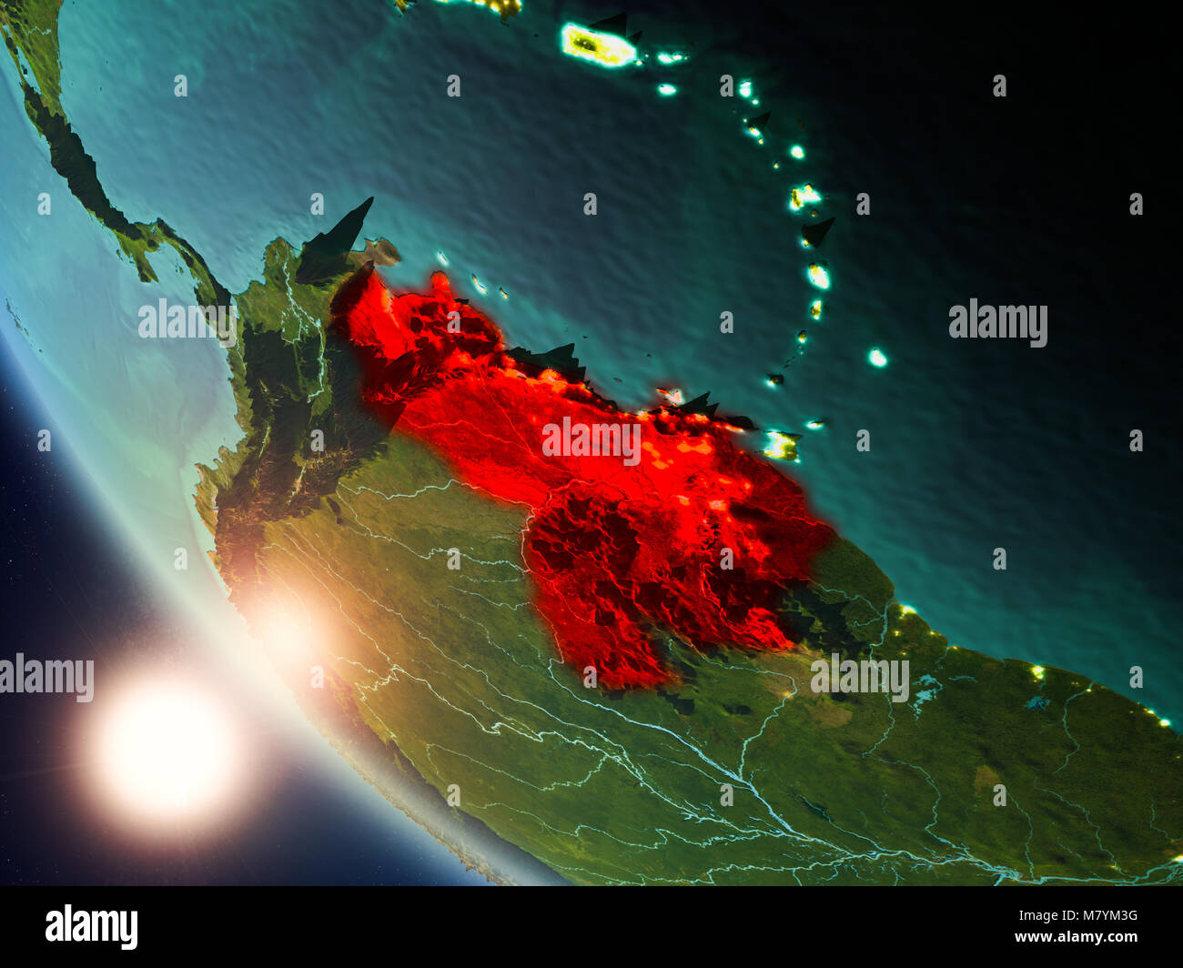 Vista satélite de Venezuela resaltada en rojo en el planeta Tierra, con visibles las fronteras del país durante la puesta de sol. Ilustración 3D. Los elementos de esta imagen fur Foto de stock