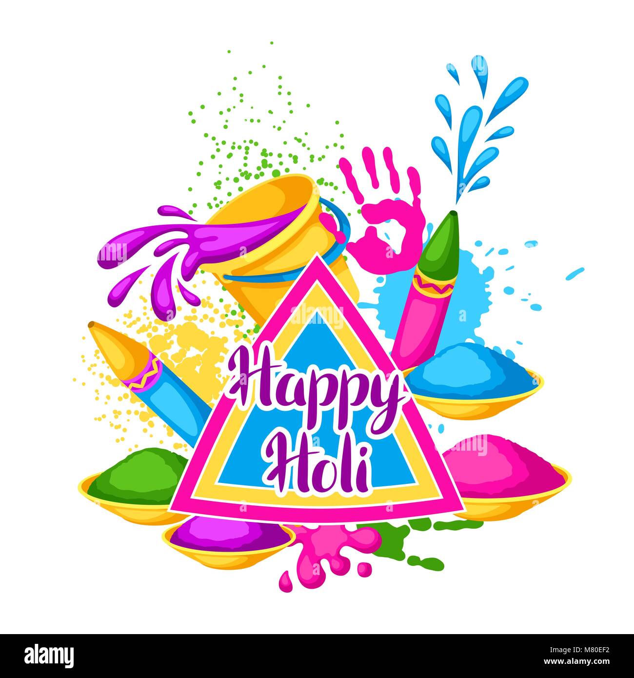 Feliz Holi colorido telón de fondo. Ilustración de baldes con pintura, pistolas de agua, banderas, borrones y manchas. Ilustración del Vector