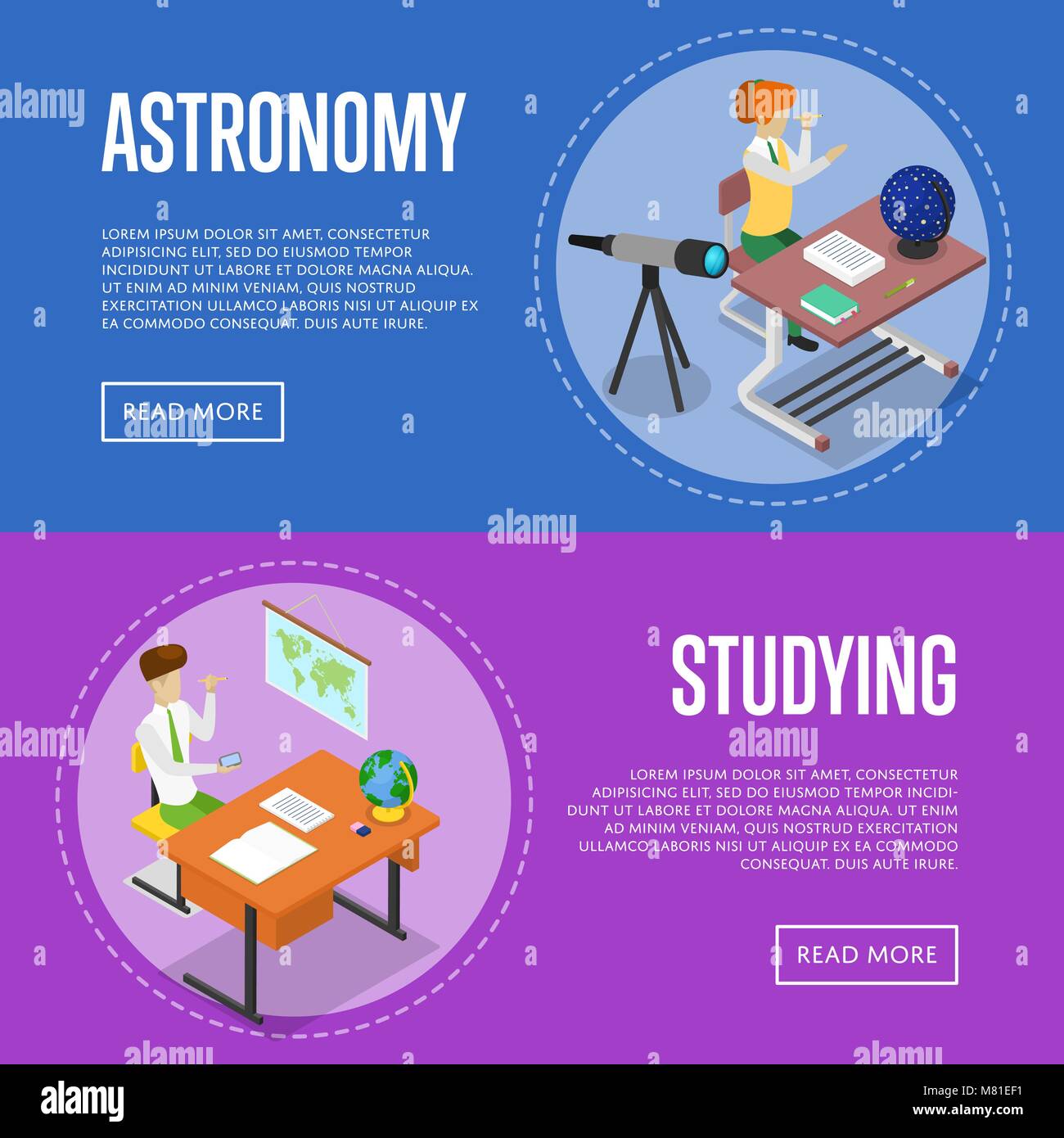 La geografía y la astronomía estudiando en la escuela Imagen Vector de